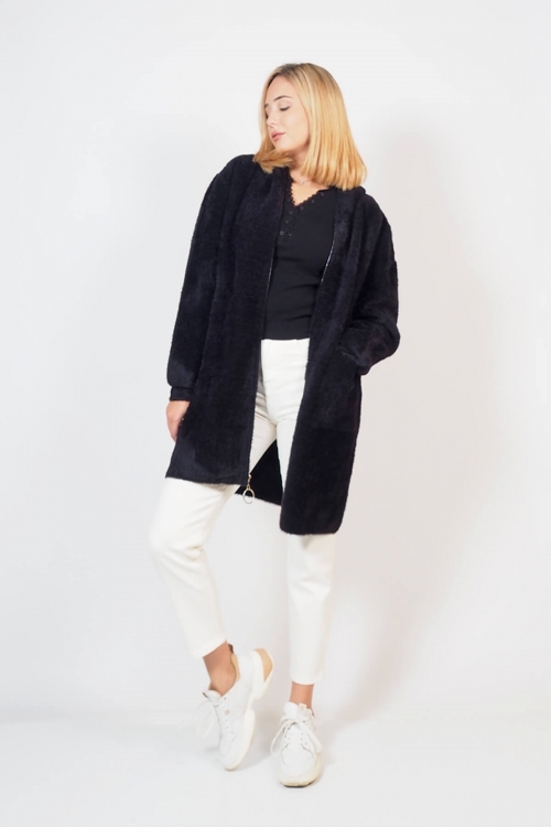 Soft fluffy cardigan coat with zipper and pockets